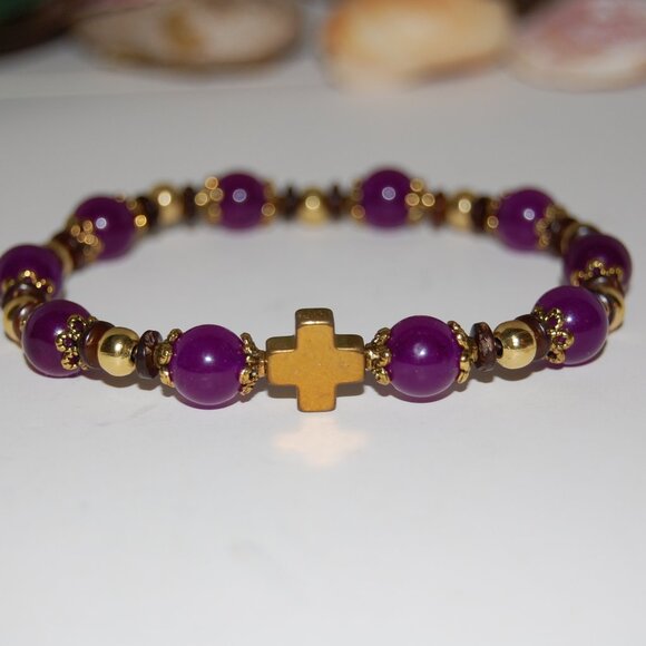 Cross Bracelet,Rosary Bracelet,Purple Stone Bracelet,Cross Rosary Bracelet,Purpl - Picture 4 of 5